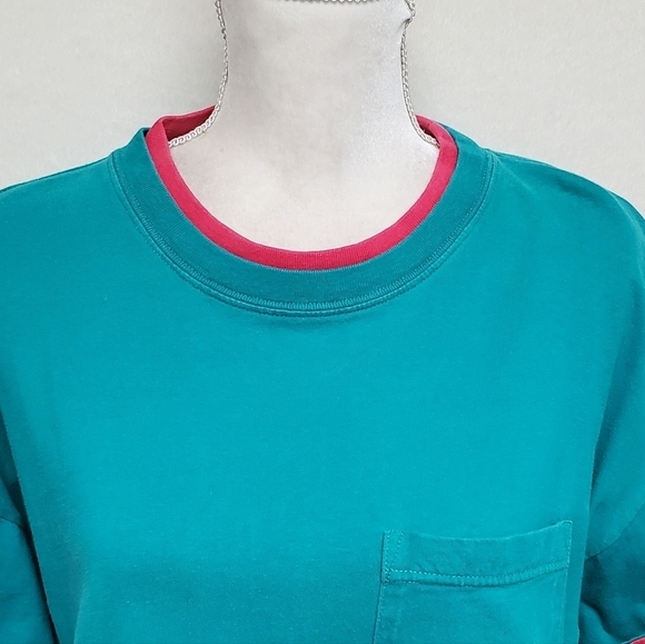 VINTAGE 90s Teal Hot Pink Oversized Boxy Cut Cuffed Short Sleeve Cropped Tee - Picture 5 of 13